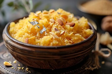 Suji ka Halwa plated in neat scoop with almond flakes, silver leaf and