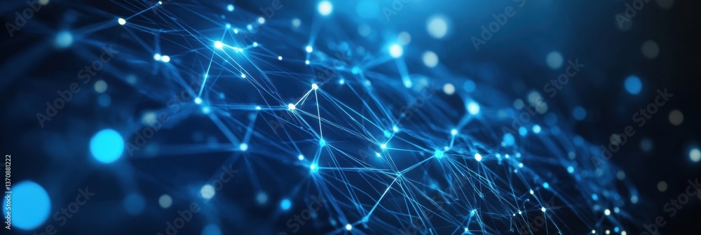 Fototapete futuristic digital financial network featuring interconnected glowing nodes on a dark blue gradient 