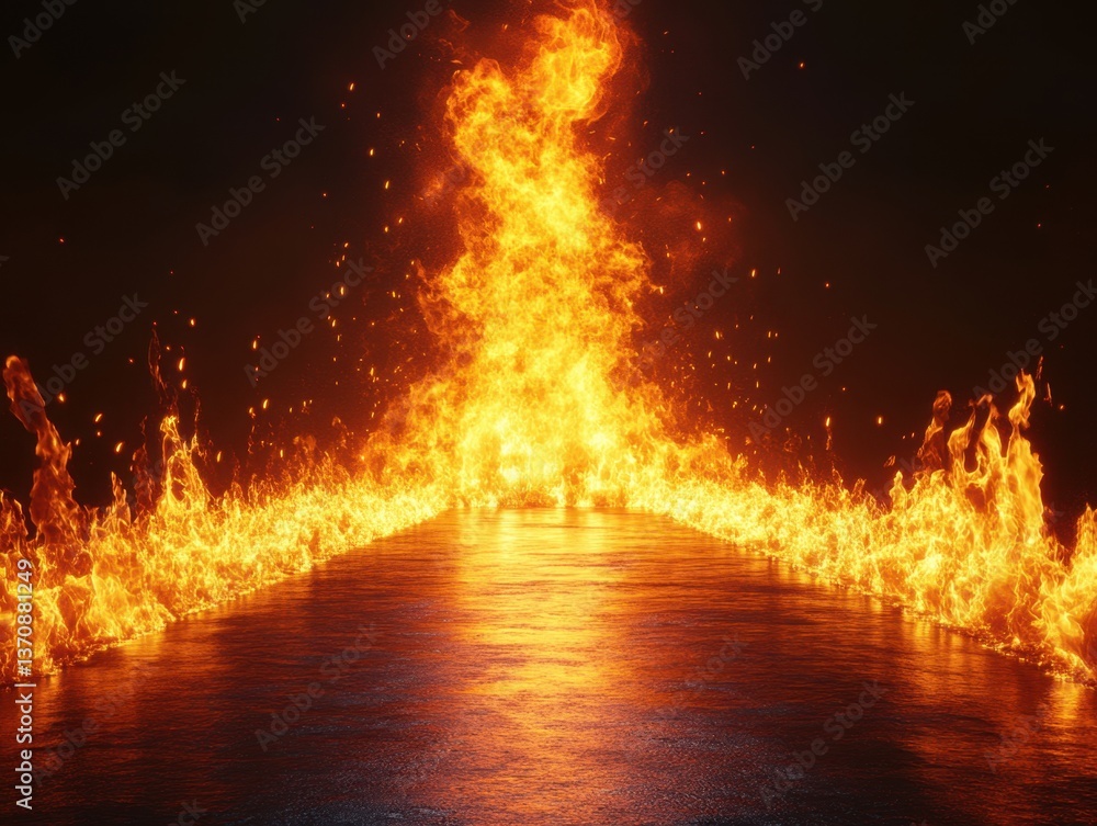 Poster dramatic fiery path leading into darkness with intense heat and energy creating a powerful visual im