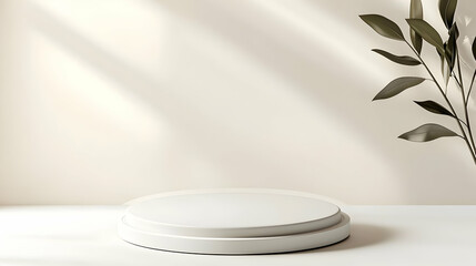 White Round Podium With Beige Background And Leaf Branch