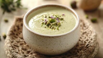 A gourmet take on pistachio sauce mixed with mascarpone, thick and creamy, served in a delicate porcelain dish