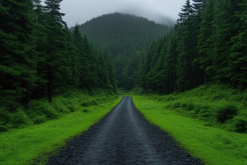 Fototapeta premium Misty forest road. Lush green vegetation surrounds a gravel path leading into a dense evergreen wood