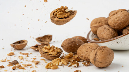 Broken Walnuts with Pieces in Mid-Air Against White Background