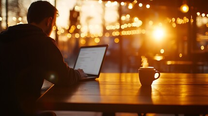 Young entrepreneur working remotely on laptop in stylish cafe with cappuccino and warm sunlight streaming through large windows
