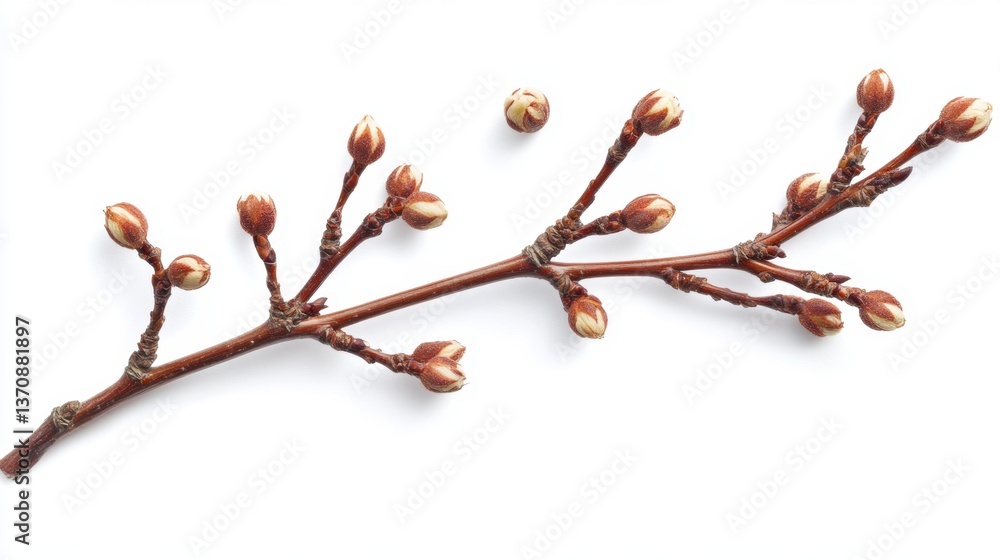 Poster delicate tree branch adorned with dormant buds against a clean white backdrop creating a serene natu