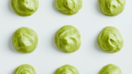 Fototapeta premium A modern minimalist shot of pistachio sauce perfectly dolloped in a symmetrical pattern, against a clean white backdrop