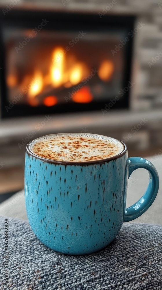 Poster Cozy blue mug filled with latte resting on a soft blanket near a warm fireplace creating a relaxing and inviting atmosphere perfect for winter