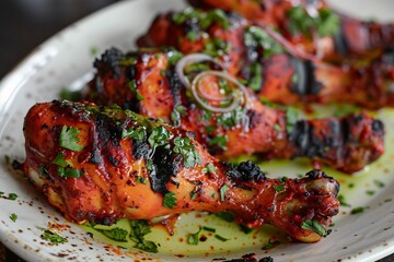 Tandoori Drumsticks plated upright with charcoal sear marks