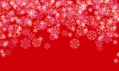 Snowfall of white and pale pink snowflakes on a red background. Vector
