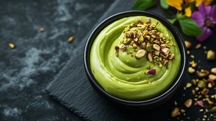 A smooth swirl of pistachio sauce on a black slate serving board, garnished with crushed nuts and delicate edible flowers