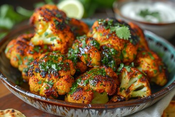 Tandoori Gobhi plated as roasted cauliflower wedges, yogurt mint glaze and papad