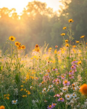 Fototapeta Radiant meadow bathed in golden sunlight showcasing vibrant wildflowers in a serene natural landscape capturing the essence of a peaceful morning
