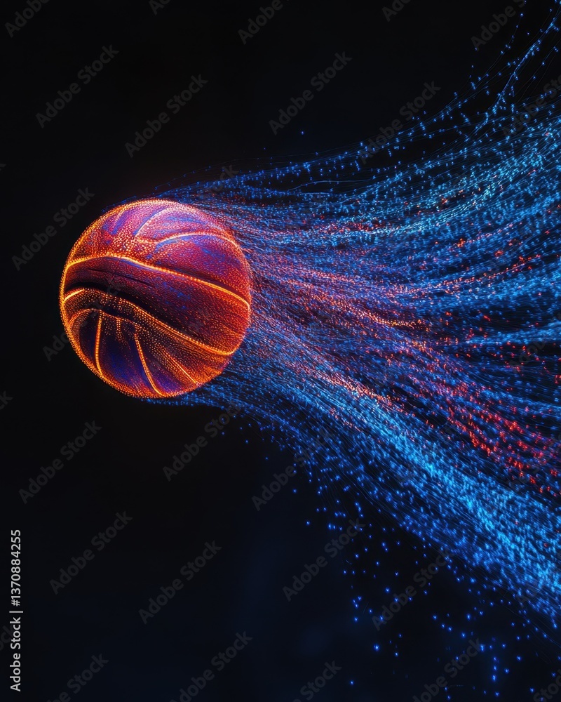 Poster digital art of glowing basketball with dynamic particle trails on dark background for sports and tec