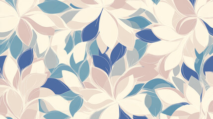 seamless floral pattern featuring soft, symmetrical botanical elements in pastel shades of blue, beige, and cream. design exudes calming and elegant aesthetic, perfect for textiles or wallpapers
