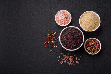 Red or brown raw rice in a ceramic bowl