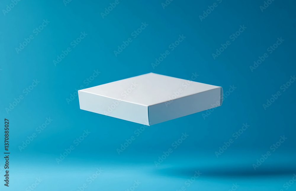 Poster white box mockup floating on blue background for product presentation and packaging design template 