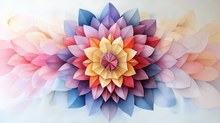 Obraz premium vibrant and intricate mandala design featuring layered petals in soft pastel hues of pink, purple, blue, and yellow, radiating symmetry and artistic elegance