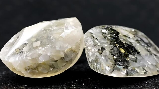 Close-up view of two sparkling Tourmalinated Quartz crystals with a mix of clear and smoky hues, showcasing their natural beauty and intricate facets against a dark background.