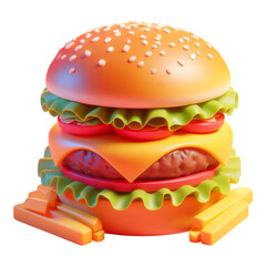 Delicious Burger Delight: A mouthwatering burger, stacked high with juicy layers of burger, cheese, tomato and lettuce, alongside a pile of golden fries, rendered in stunning detail.