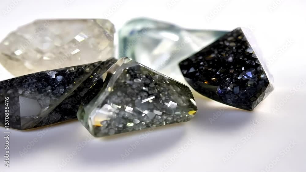 Poster a collection of various tourmalinated quartz gemstones with unique shapes and colors, showcasing the