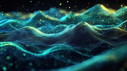 A dynamic abstract scene with glowing green and blue waves and particles, dark background