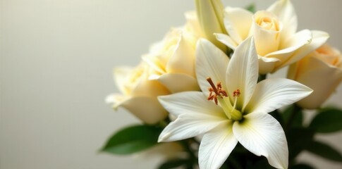 Fototapeta premium Elegant cream roses and lilies bouquet, lush and romantic , cream, still life, floral design