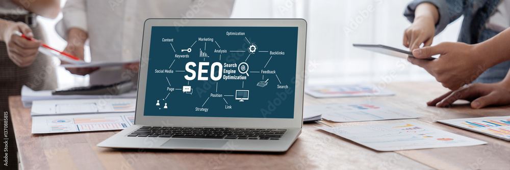 Poster SEO search engine optimization for brisk e-commerce and online retail business showing on computer screen