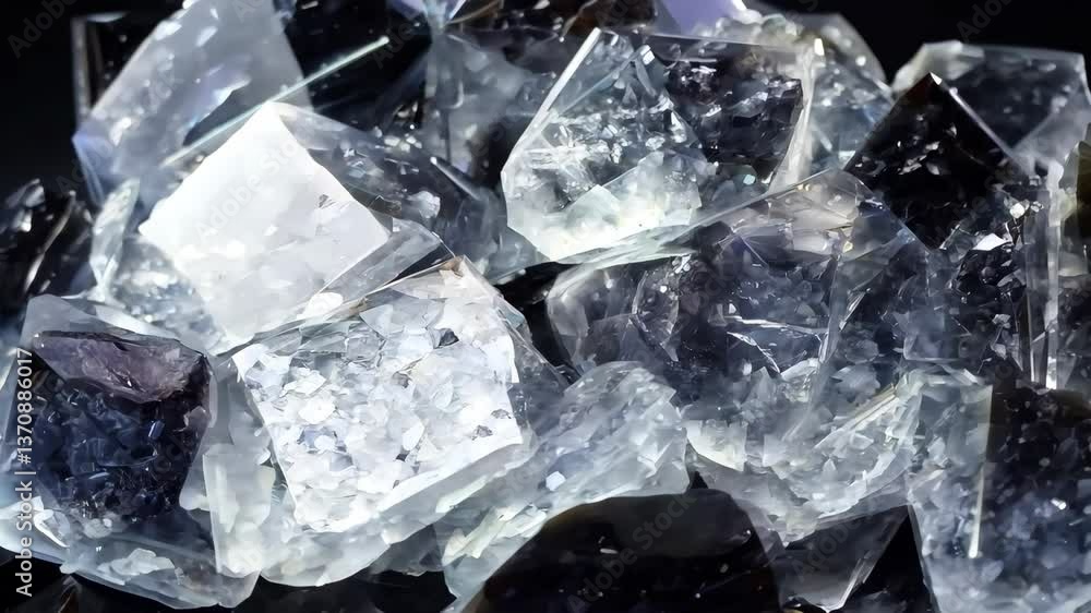 Poster a close-up view of various tourmalinated quartz crystalline rocks, showcasing a mix of transparent a