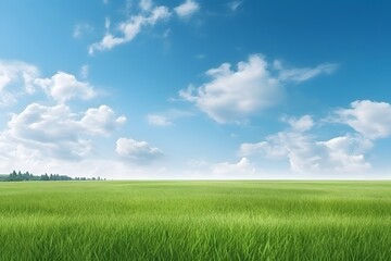 Fototapeta premium Lush green grass field with scenic blue sky and fluffy white clouds in idyllic countryside landscape