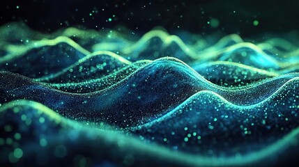 A dynamic abstract scene with glowing green and blue waves and particles, dark background
