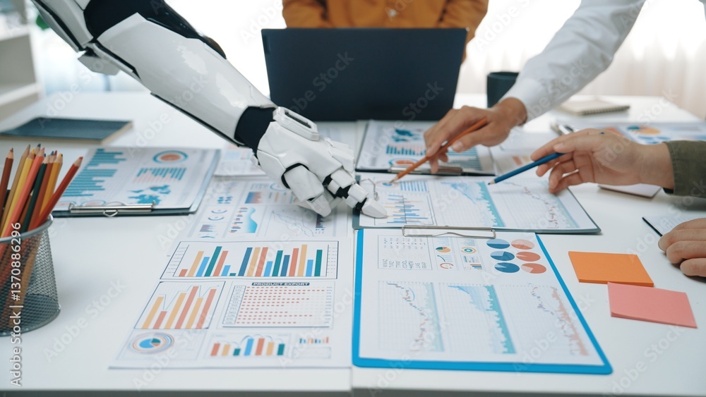 Poster human team collaborates with a robotic assistant on data analysis and strategy planning, showcasing 