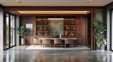 Elegant Modern Conference Room With Wooden Accents and Natural Light Overlooking Green Surroundings