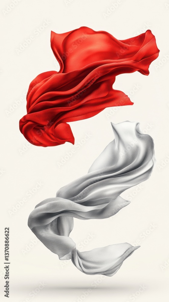 Poster graceful dance of red and white fabric in a light background capturing movement and elegance for fas