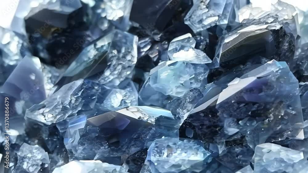 Poster a close-up view of shimmering blue tourmalinated quartz crystals, showcasing their intricate facets 