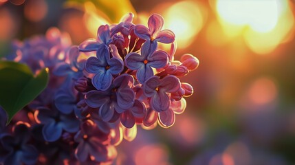 Blooming Lilac Flowers Against a Shimmering Sunset Background in a Tranquil Garden