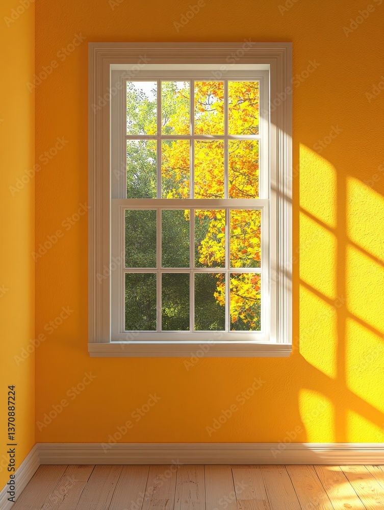 Poster bright interior featuring a window with autumn foliage view casting shadows on a yellow wall creatin