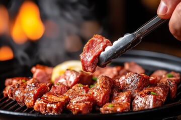 Sizzling Steak: A close-up of perfectly grilled steak pieces being held by a hand using tongs, with visible steam rising and a fiery background. A mouthwatering experience