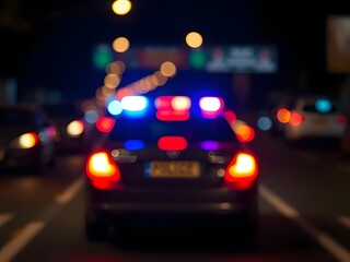 Fototapeta premium Police Car Driving at Night with Emergency Lights Blurring, Night Traffic, City Lights, Road Safety