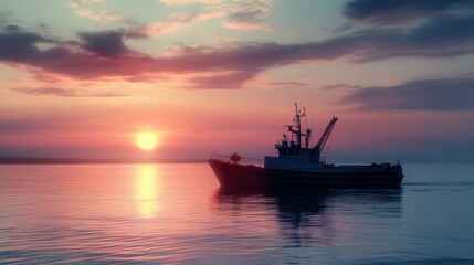 Obraz premium Fishing boat sailing the ocean at sunset, peaceful & serene atmosphere