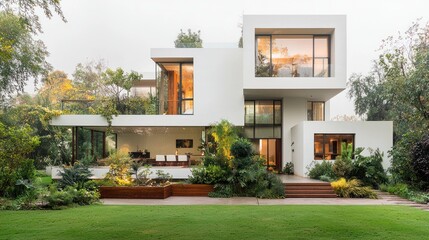 Naklejka premium Modern white house with lush landscaping