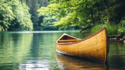 Obraz premium Calm waters reflect a wood canoe on a tranquil lake nestled in nature.