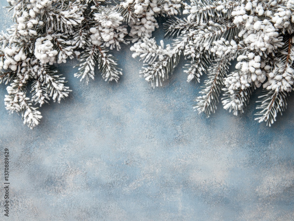 Poster snowy spruce branches on a textured blue background creating a winter holiday frame with copy space 