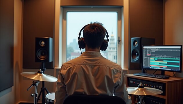 Musician playing drums in a studio with computer and speakers  