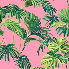 Seamless pattern with leaves of palm trees on a pink background