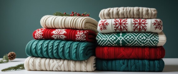 cozy knitwear stack with pine cone - seasonal textures close-up