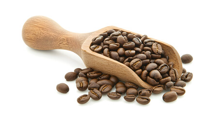 Obraz premium Roasted Coffee Beans in Wooden Scoop Isolated on White Background