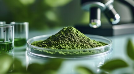 Green Powder Displayed in a Petri Dish With Laboratory Equipment and Herbal Extracts in the Background