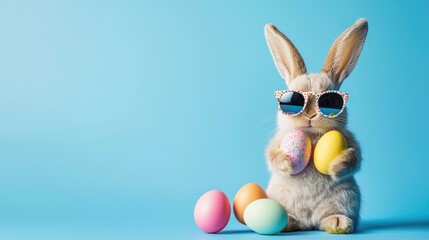 Fototapeta premium Playful Easter bunny in polka dot sunglasses holding colorful eggs on a bright blue background. Ideal for spring promotions, Easter cards, or festive marketing visuals