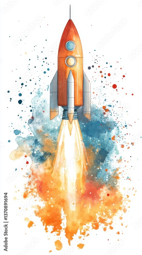 Poster watercolor rocket launching into space with vibrant colors and dynamic splatter effect on white back