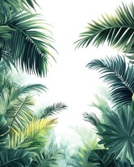 Lush tropical foliage watercolor painting with vibrant green palm leaves and a serene white background creating a tranquil botanical scene © DriftPixels